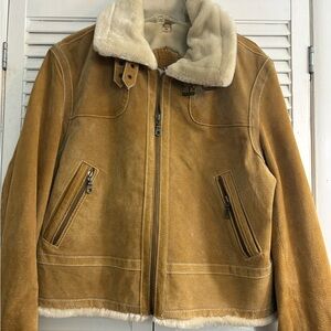 Wilsons Sueded Leather Tan Moto Jacket with Cream Shearling M